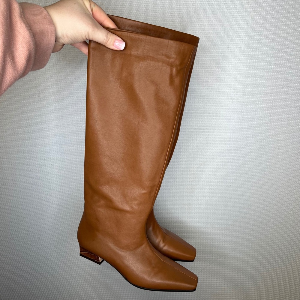 Paris Texas Tan Leather Square Toe‎ Knee High Boots Croc Heel Italy 37 Mens 7